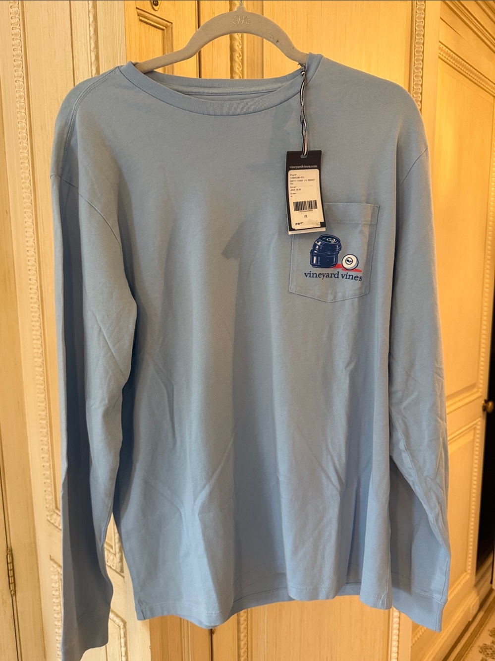 Vineyard Vines Light Blue Long Sleeve Pocket Tee with Graphic Whale